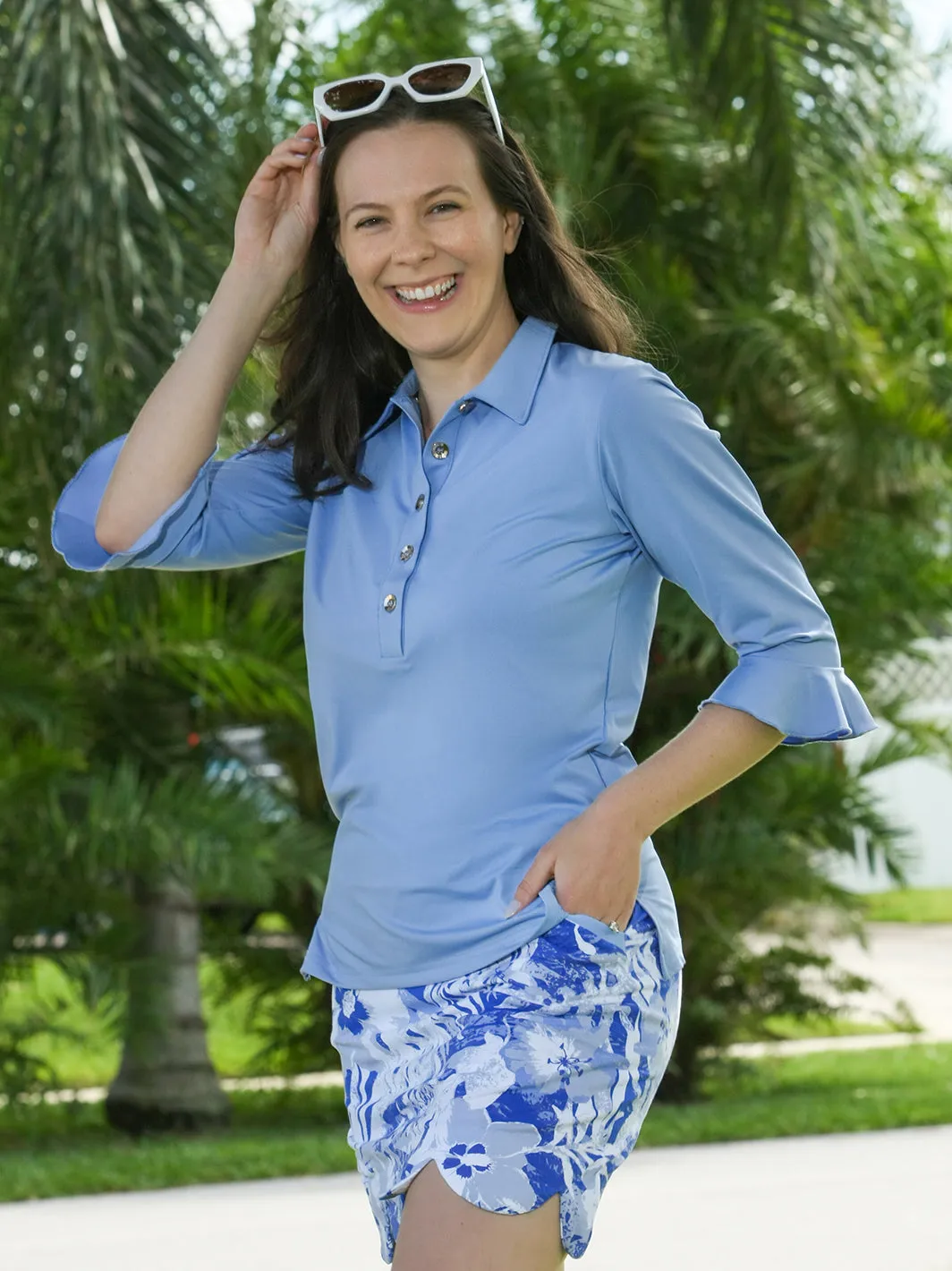 Mira Flounce Sleeve Polo Top Peri