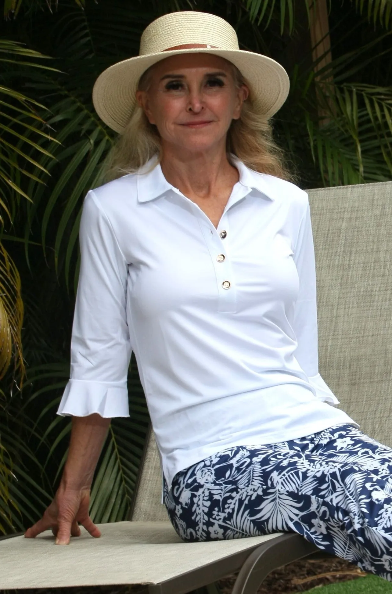 Mira Flounce Sleeve Polo Top White