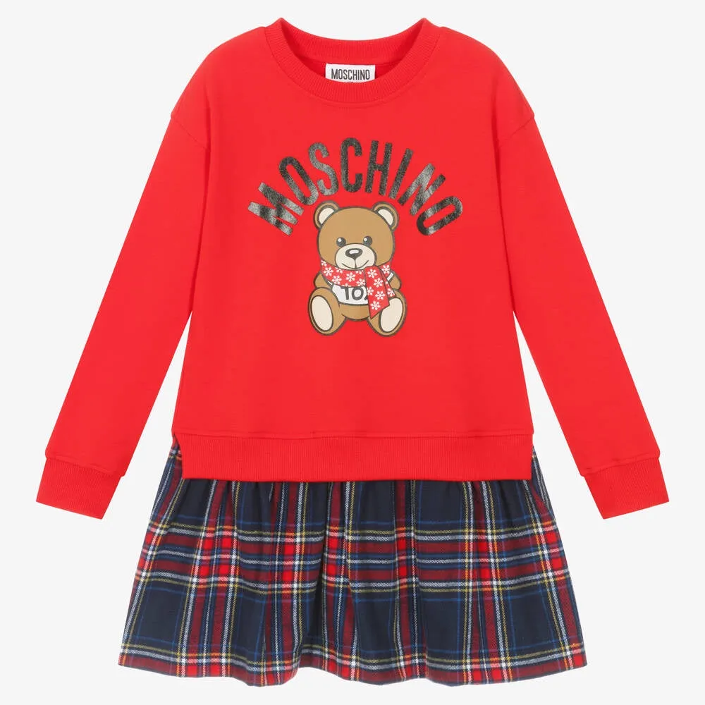 Moschino Girls Red Cotton Teddy & Tartan Dress