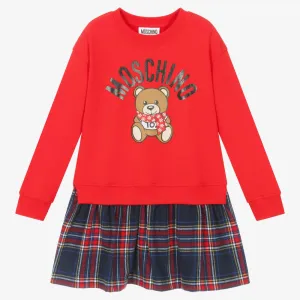 Moschino Girls Red Cotton Teddy & Tartan Dress