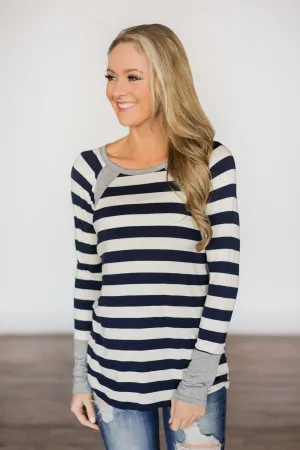 Navy & Grey Striped Top