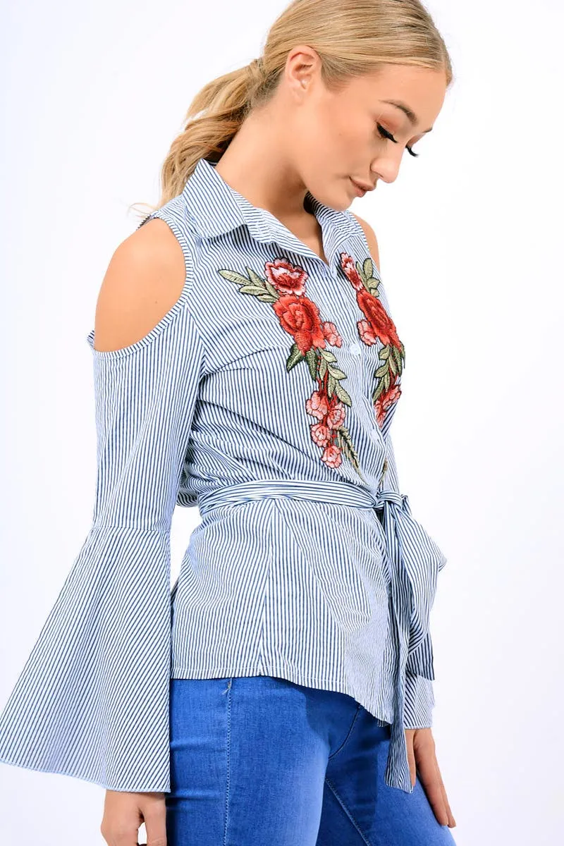 Navy Striped Cold Shoulder Tie Shirt - Aniyah