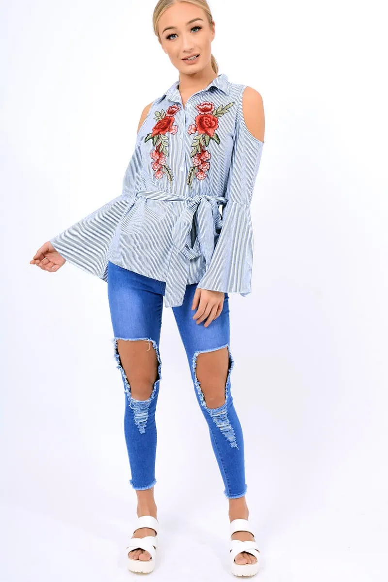 Navy Striped Cold Shoulder Tie Shirt - Aniyah