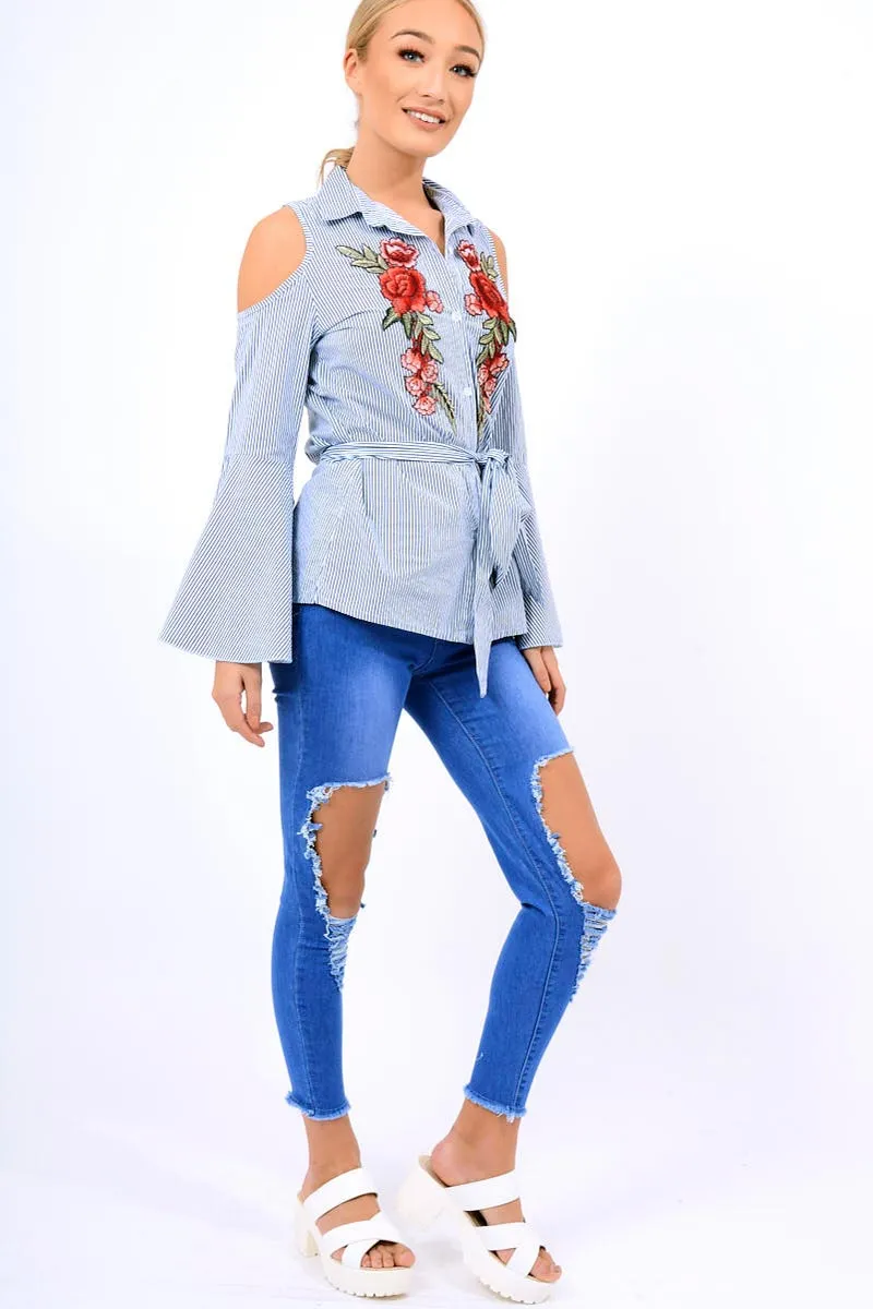Navy Striped Cold Shoulder Tie Shirt - Aniyah