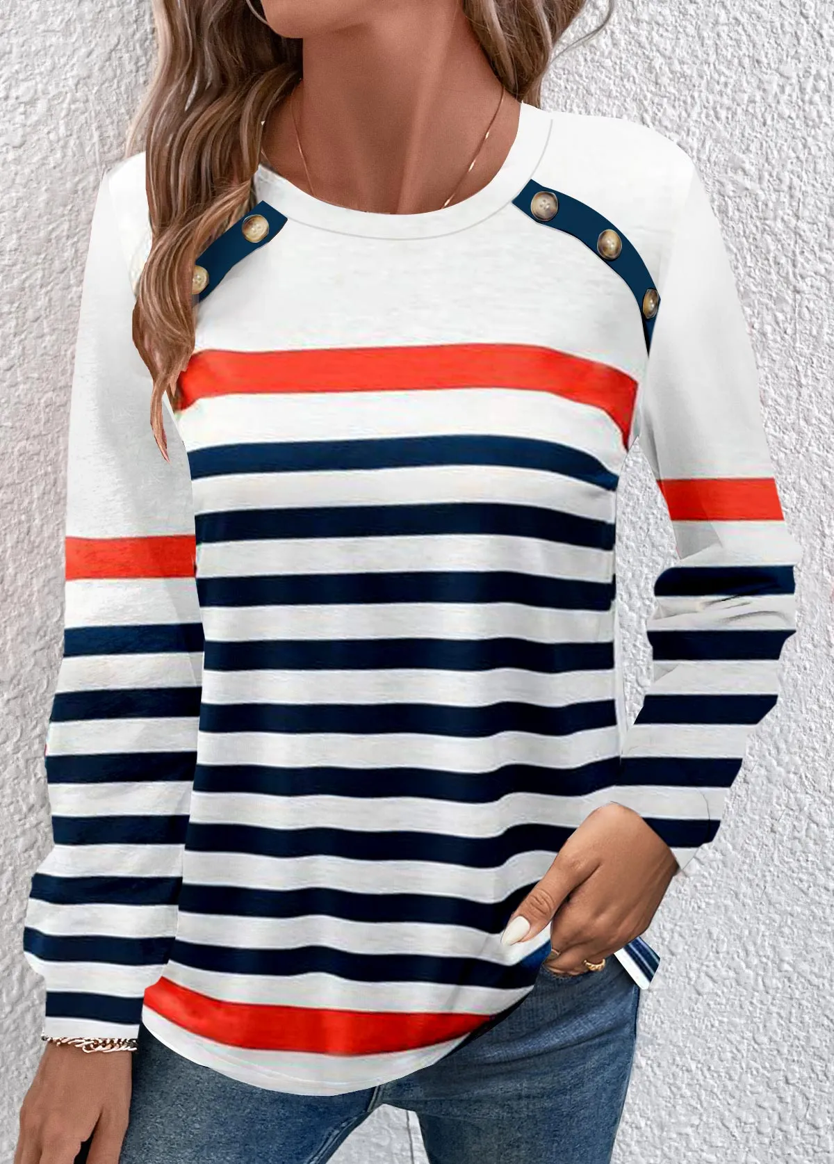 New Modlily Navy Button Multi Stripe Print Long Sleeve T Shirt Sz L