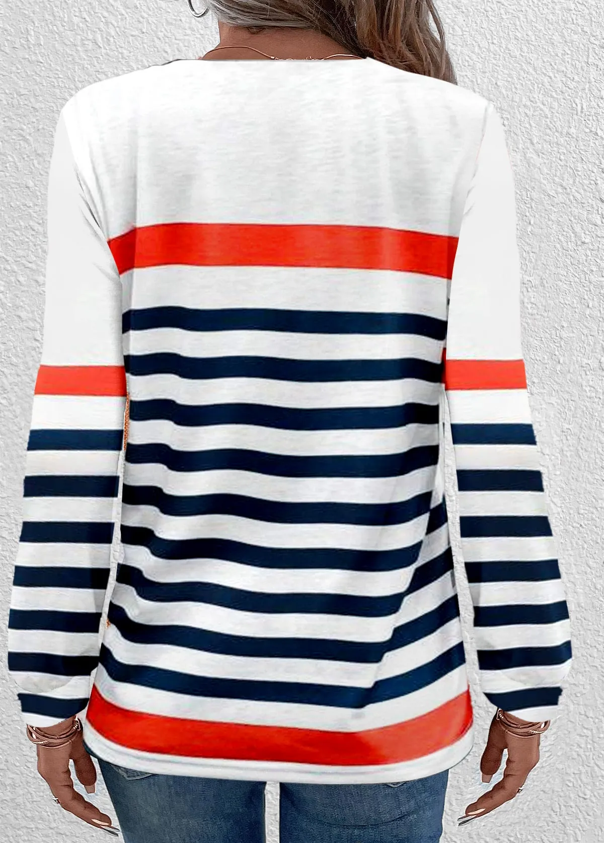 New Modlily Navy Button Multi Stripe Print Long Sleeve T Shirt Sz L