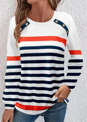 New Modlily Navy Button Multi Stripe Print Long Sleeve T Shirt Sz L
