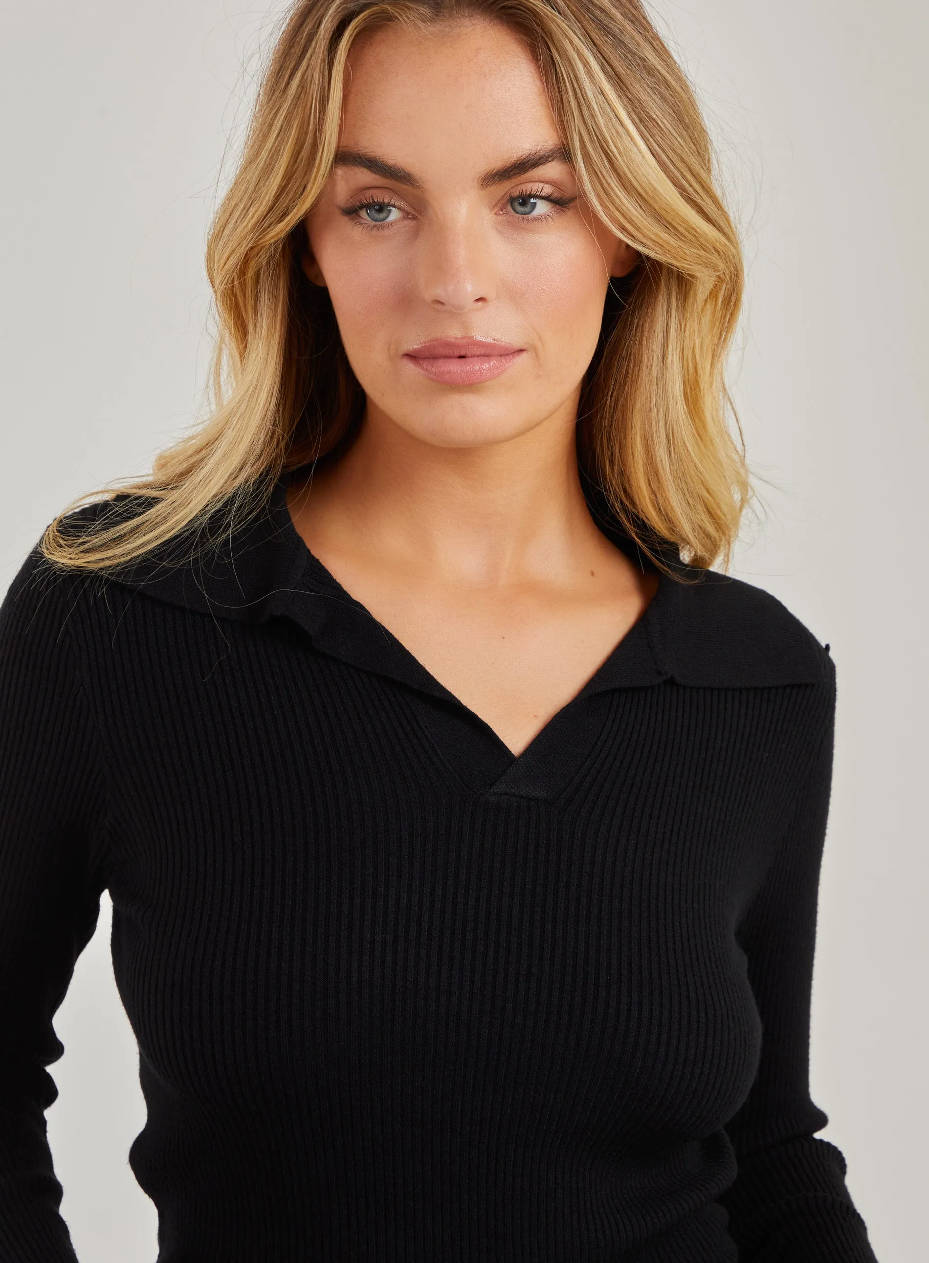 Notch Neck Long Sleeve Polo Top