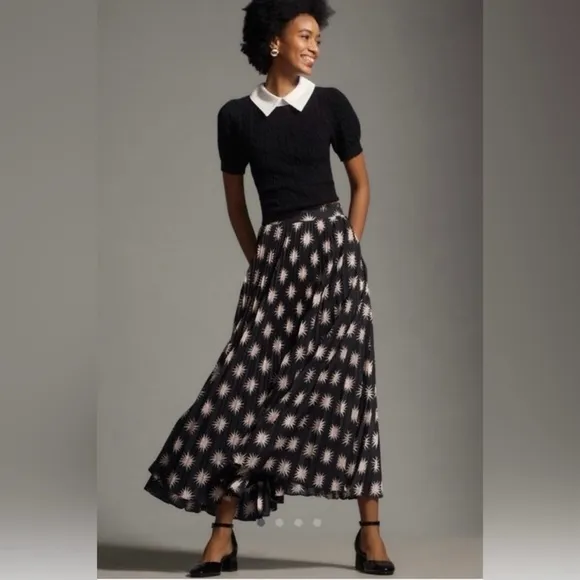 NWOT Anthropologie The Isobel Silky Pleated Maxi Skirt Black/Pink Size XS