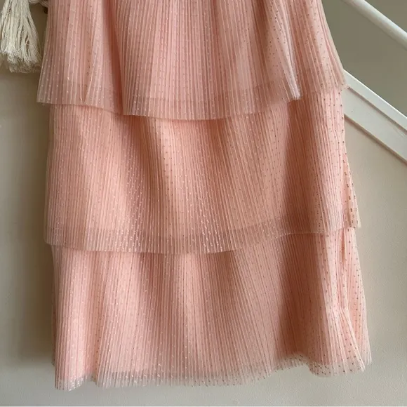 NWT DR2 Tiered Pleated Polka Dot Tulle Pullon Midi Skirt Pale Pink Orange Sze L