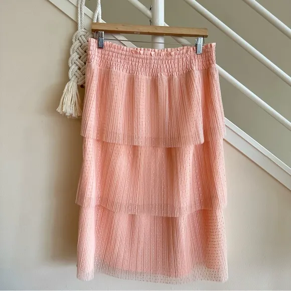 NWT DR2 Tiered Pleated Polka Dot Tulle Pullon Midi Skirt Pale Pink Orange Sze L