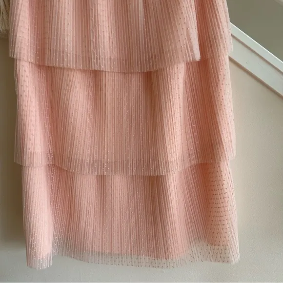 NWT DR2 Tiered Pleated Polka Dot Tulle Pullon Midi Skirt Pale Pink Orange Sze L