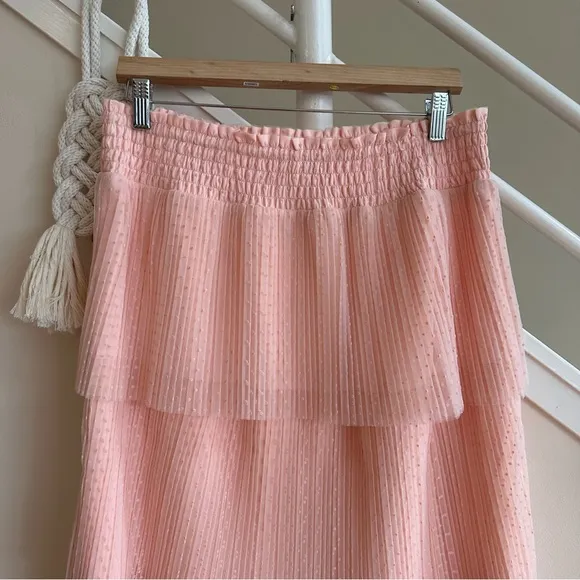 NWT DR2 Tiered Pleated Polka Dot Tulle Pullon Midi Skirt Pale Pink Orange Sze L