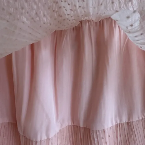 NWT DR2 Tiered Pleated Polka Dot Tulle Pullon Midi Skirt Pale Pink Orange Sze L