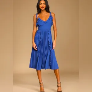 NWT. Lulu’s Never a Dull Moment Royal Blue Tie-Strap Pleated Midi Dress. Sz. XS