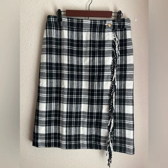 NWT Talbots Black &amp; White Ice Plaid Tartan Wool Blend Fringe Wrap Skirt 10