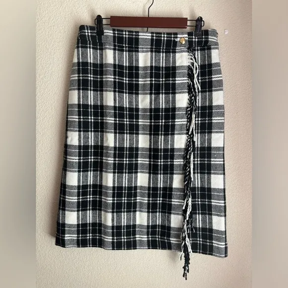 NWT Talbots Black &amp; White Ice Plaid Tartan Wool Blend Fringe Wrap Skirt 10