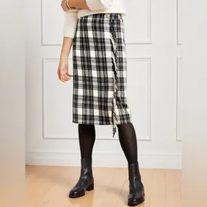 NWT Talbots Black &amp; White Ice Plaid Tartan Wool Blend Fringe Wrap Skirt 10