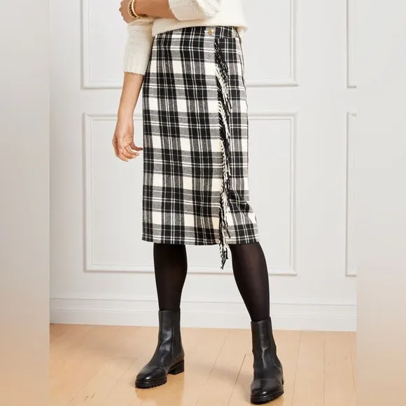 NWT Talbots Black &amp; White Ice Plaid Tartan Wool Blend Fringe Wrap Skirt 10