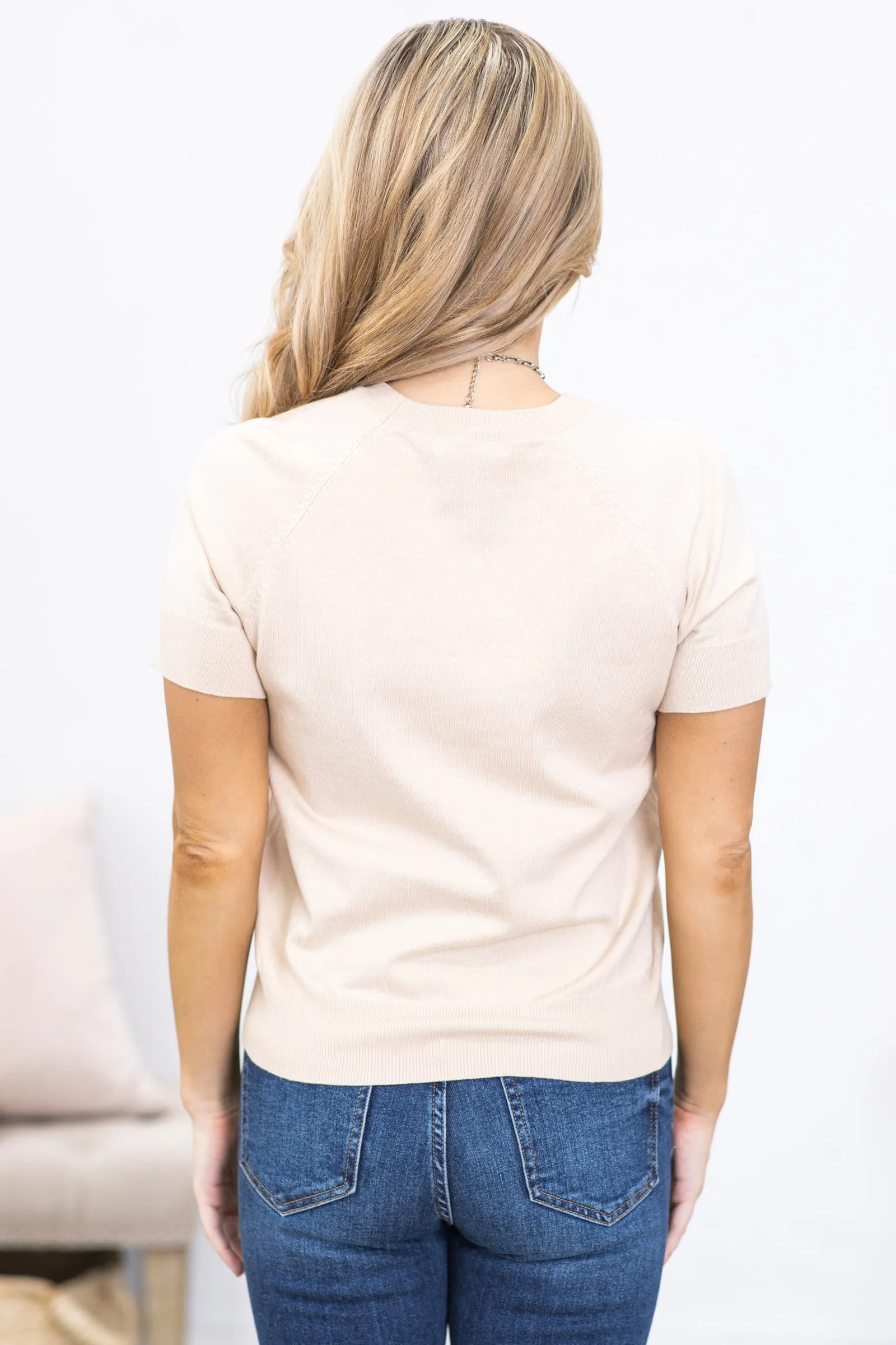 Oatmeal Short Sleeve Crewneck Knit Top