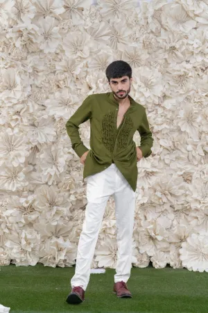 OLIVE SMOCKING SHORT KURTA/TUXEDO SHIRT SET