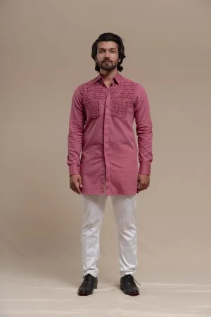 ONION PINKSMOCKING SHORT KURTA/TUXEDO SHIRT SET
