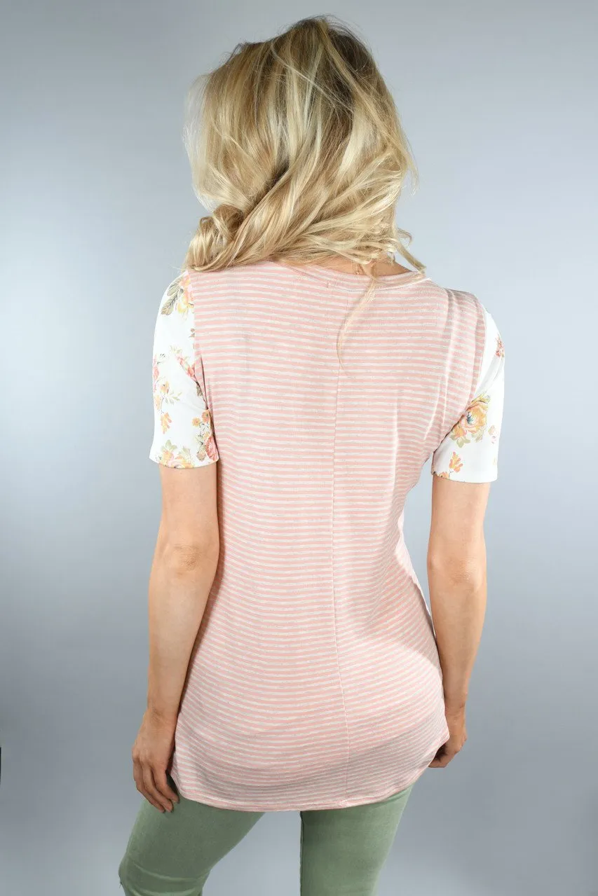 Peach Floral Sleeve Pocket Top