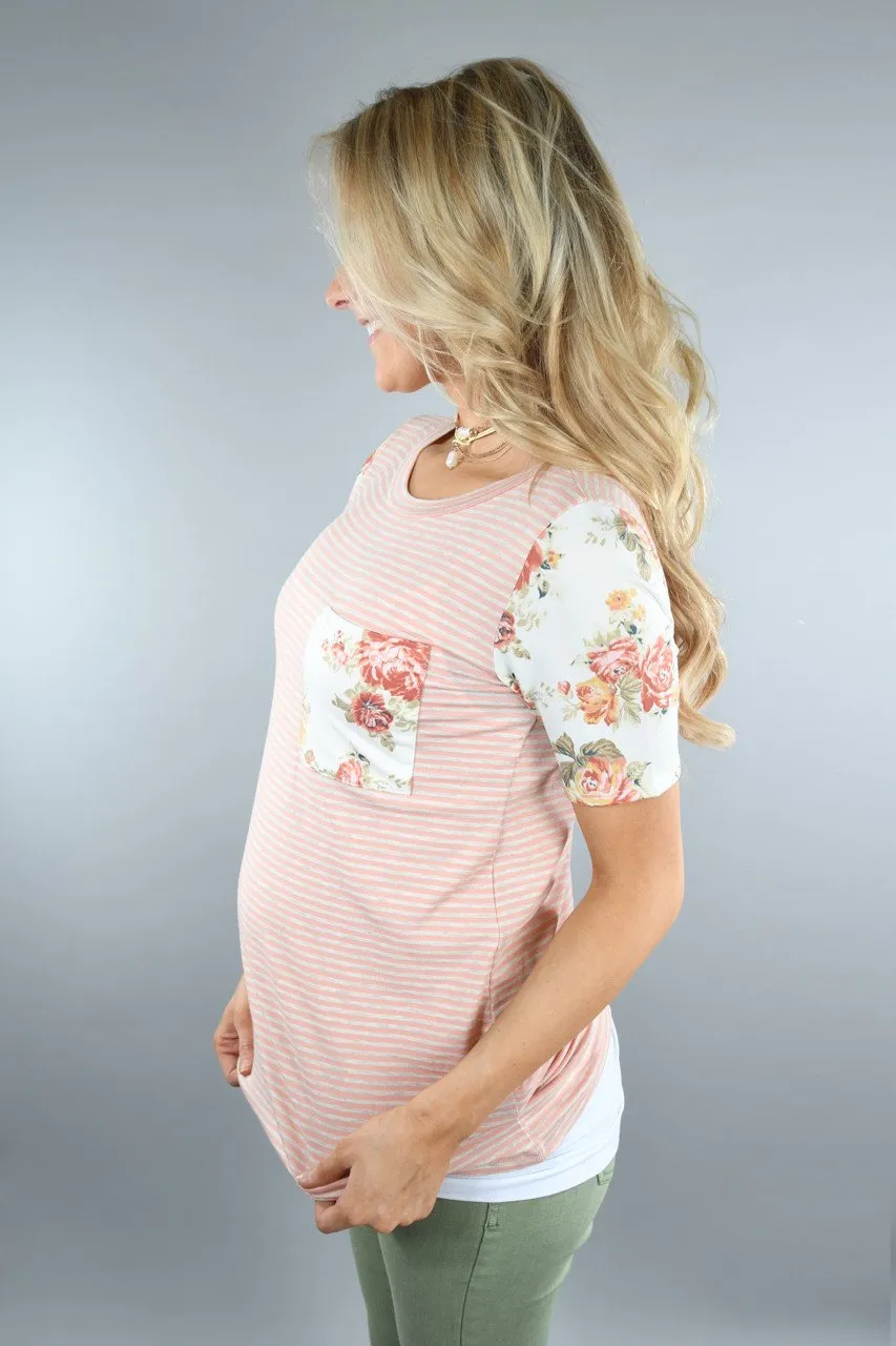 Peach Floral Sleeve Pocket Top