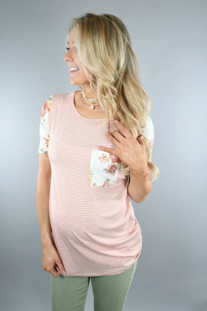 Peach Floral Sleeve Pocket Top