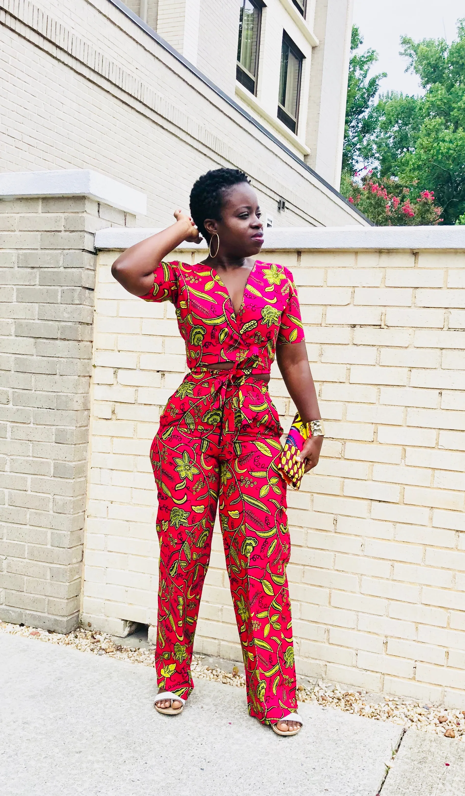Pink ankara wide leg pant/crop wrap top set