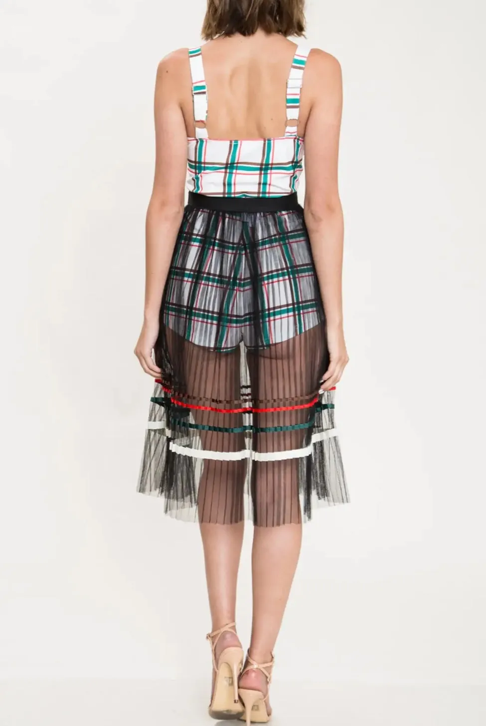Plaid Print Romper with Sheer Mesh Skirt
