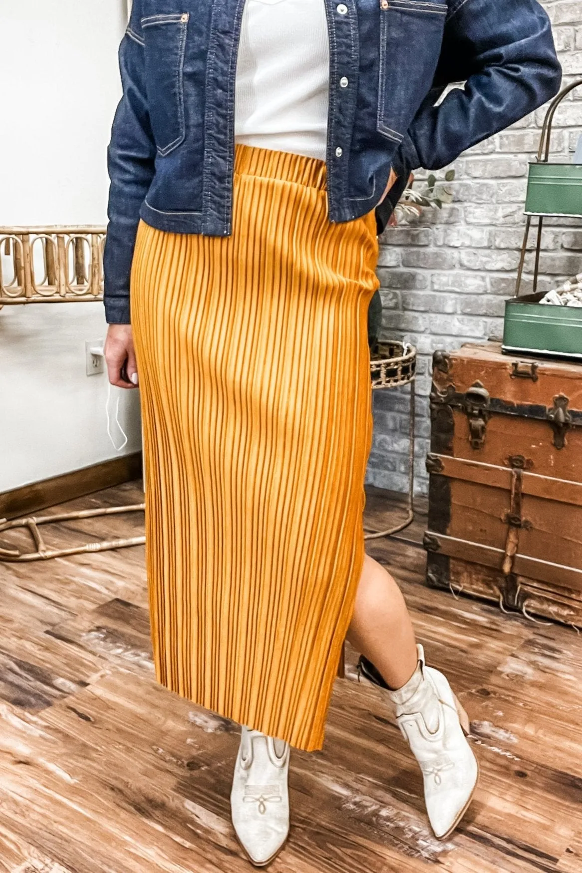 Pleated Velvet Midi Skirt