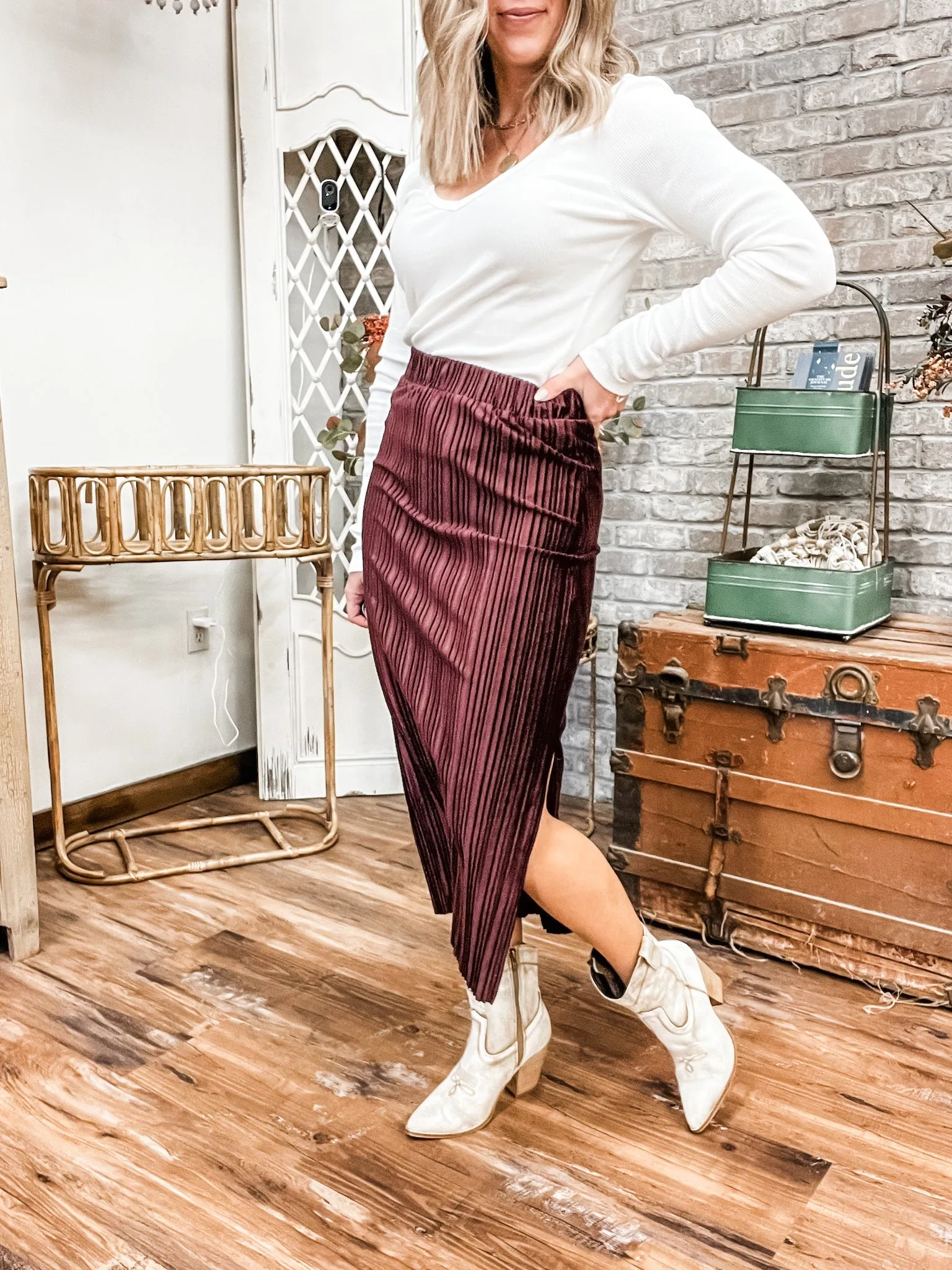 Pleated Velvet Midi Skirt