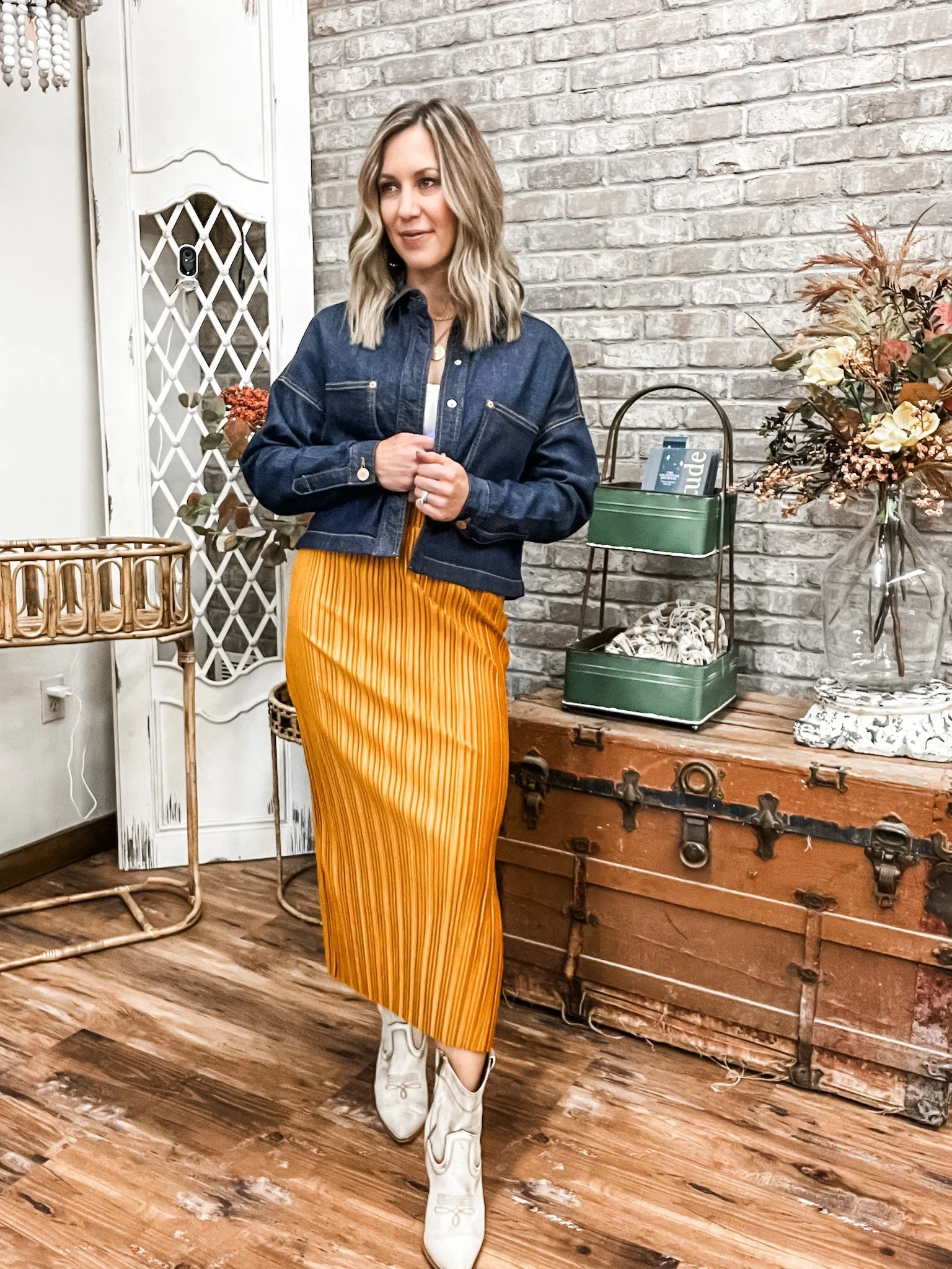 Pleated Velvet Midi Skirt