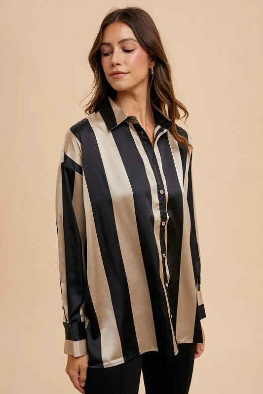 Power Stripes Black/Khaki Button Up Top
