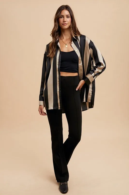 Power Stripes Black/Khaki Button Up Top