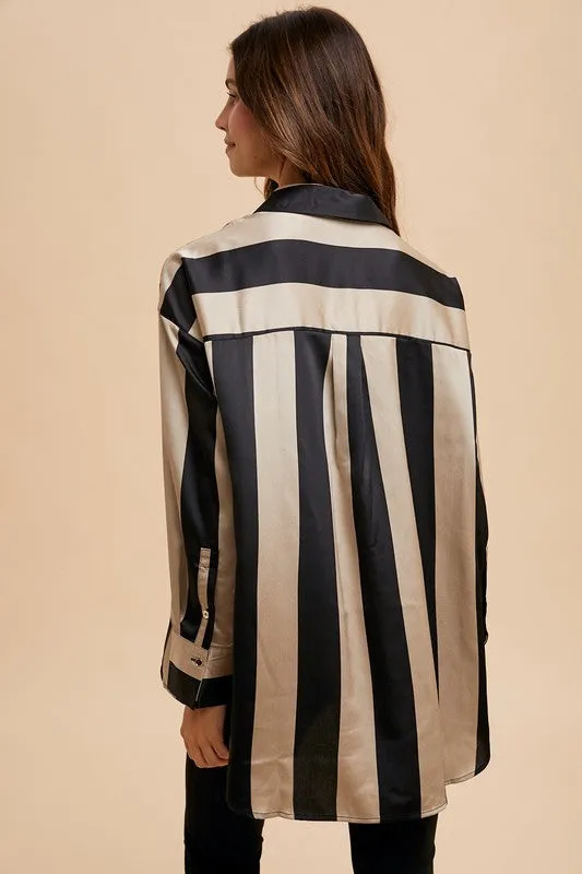 Power Stripes Black/Khaki Button Up Top