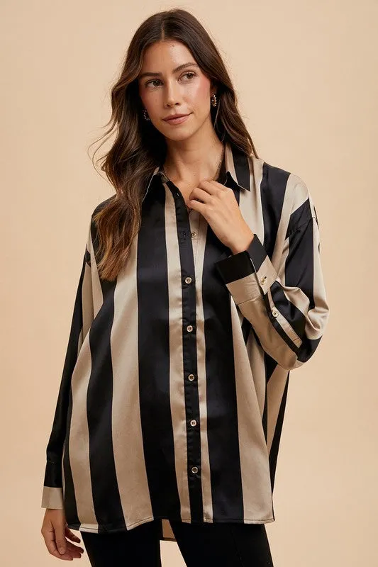 Power Stripes Black/Khaki Button Up Top