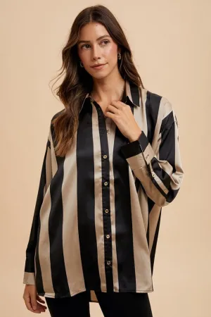 Power Stripes Black/Khaki Button Up Top