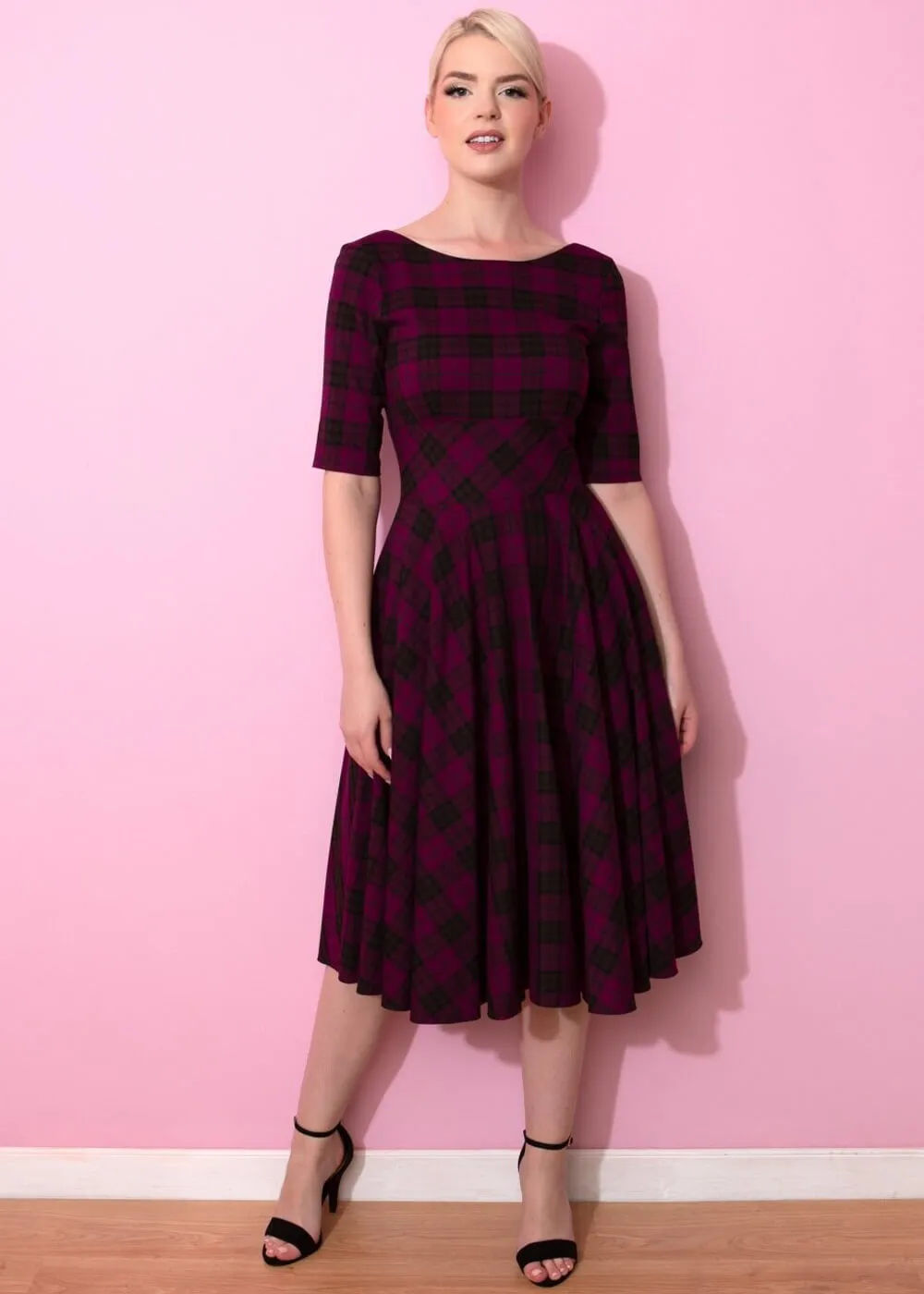 Pretty Dress Company Hepburn Tartan 50's Swing Jurk Berry