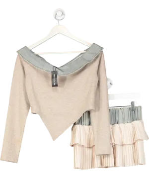 PrettyLittleThing Beige Acid Wash Pleated Denim Skirt And Off The Shoulder Scoop Top UK 10