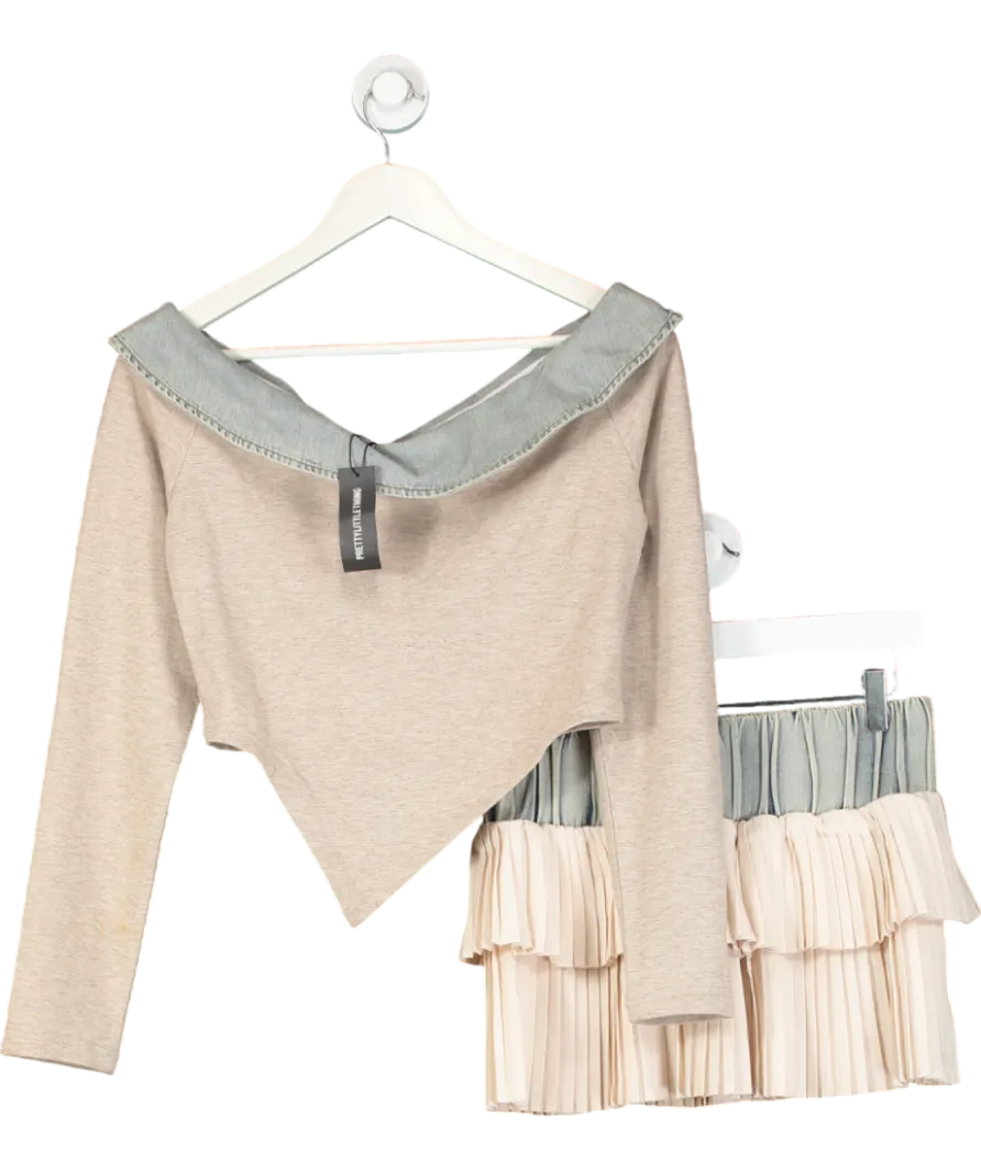 PrettyLittleThing Beige Acid Wash Pleated Denim Skirt And Off The Shoulder Scoop Top UK 10