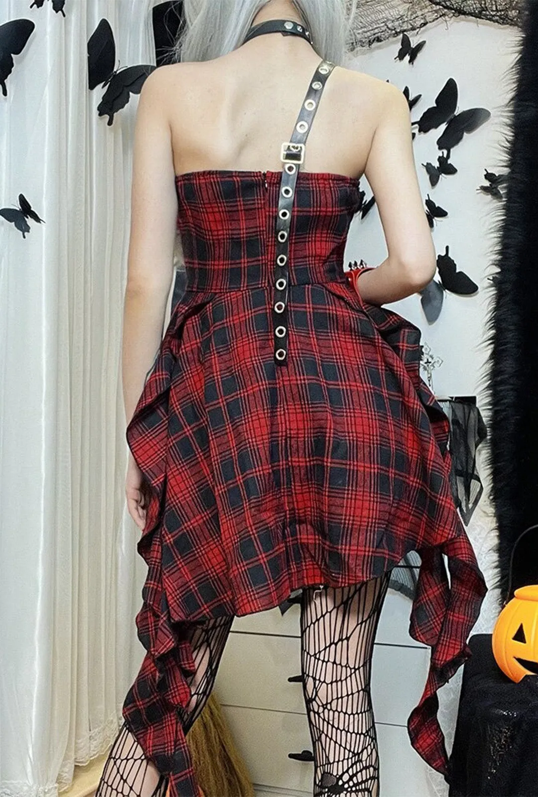 Punk Red Plaid Strappy Dress