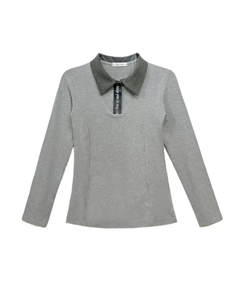Q.C PLAY: Lettering Color Blocking Collar Slim Fit Long Sleeve T-Shirt - Gray