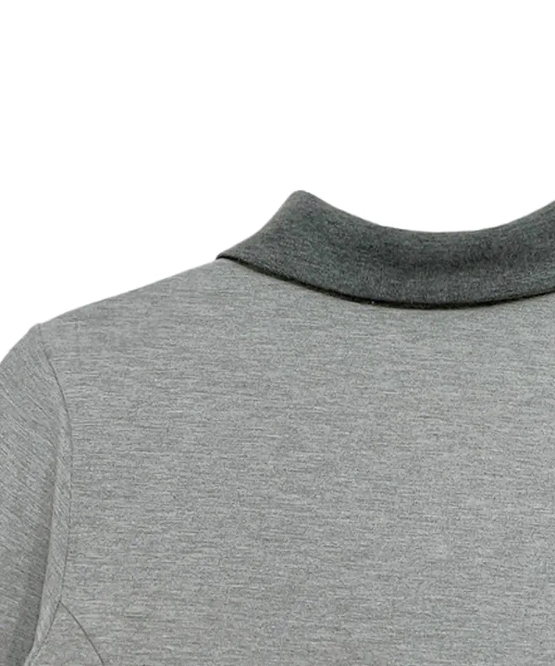 Q.C PLAY: Lettering Color Blocking Collar Slim Fit Long Sleeve T-Shirt - Gray