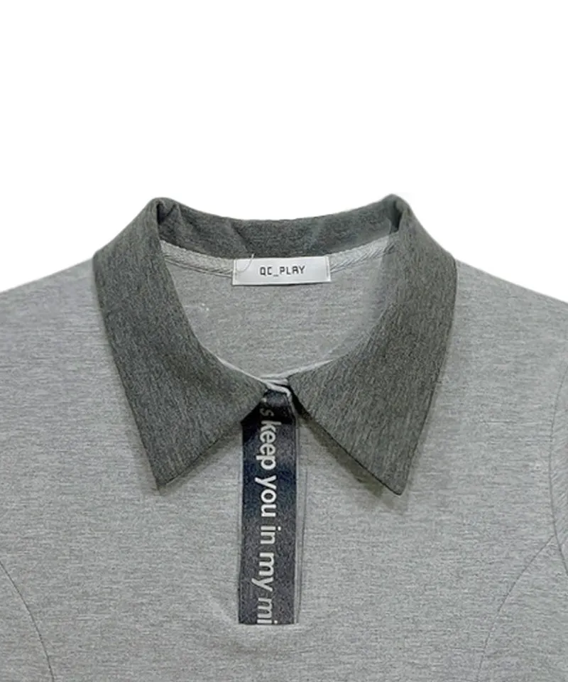 Q.C PLAY: Lettering Color Blocking Collar Slim Fit Long Sleeve T-Shirt - Gray