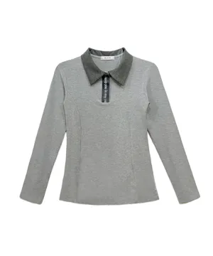 Q.C PLAY: Lettering Color Blocking Collar Slim Fit Long Sleeve T-Shirt - Gray