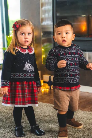 "Adeline" Navy & Red Knit Tartan Dress