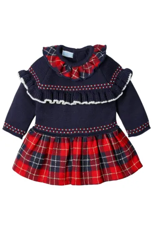 "Evelyn" Navy Knit Tartan Drop Waist Dress