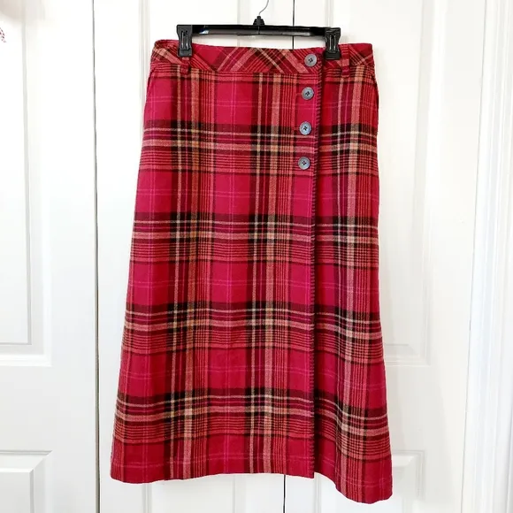 Red Plaid Wool Wrap Maxi Skirt size 8 Petite Eddie Bauer Wool #5289 Christmas‎